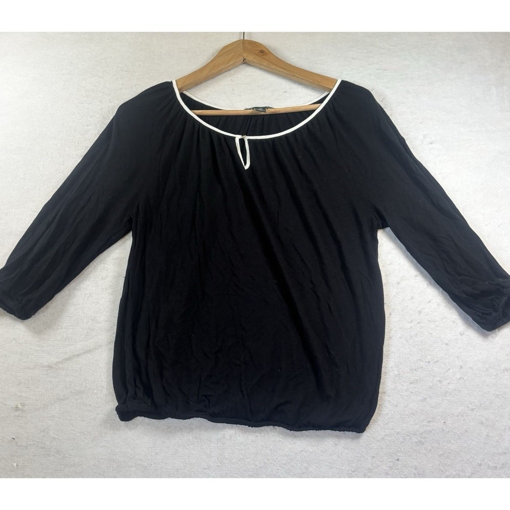 Lauren Ralph Lauren Black 3/4 Sleeve Blouse XS Piped Trim Dressy Top